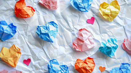 Wall Mural - Colorful paper hearts on crumpled white background.