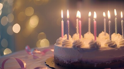 Delicious birthday cake with burning candles celebrating an anniversary with blurred lights in the background