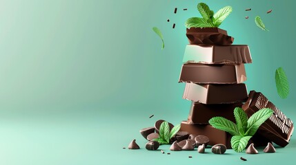 Wall Mural - Mint chocolate minimalist background with space above for text flat design side view fresh theme 3D render Complementary Color Scheme