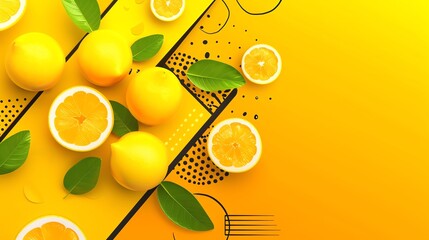 Wall Mural - Lemon yellow minimalist background with space above for text flat design front view fresh theme cartoon drawing Triadic Color Scheme