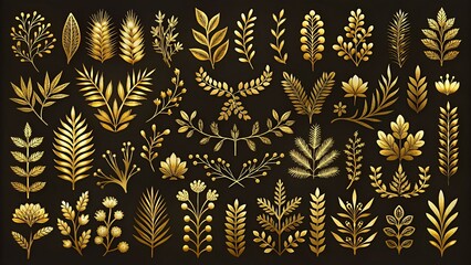 Super big collection of vintage hand drawn botanical golden borders, floral dividers, flowers and branches. Vector isolated elements. Gold wedding flourish laurel wreaths for invitation card.