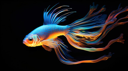A fish with long flowing hair that has a gold and blue body.