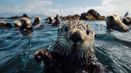 A sea otter looks directly at the camera, swimming in a group of other otters.  The water is blue and there are rocks and kelp in the background.