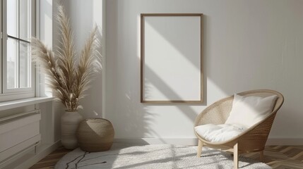 Canvas Print - Minimalist Living Room Decor with Wicker Chair and Pampas Grass