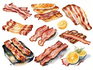 Sticker - set of various bacon and sausages. watercolor illustration.