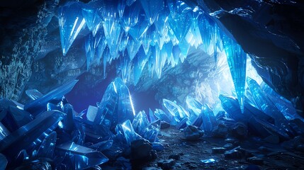 Wide-angle view of a mesmerizing blue sugar crystal cavern, glowing softly in ambient light, reminiscent of a fairytale setting, CG 3D rendering, highly detailed and photorealistic