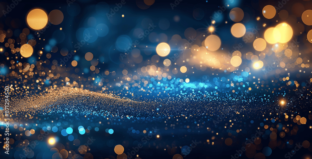 Abstract Blue and Gold Glitter Background with Bokeh Lights and ...