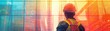 © KanitChurem - A person in a hard hat stands in front of a colorful abstract background.