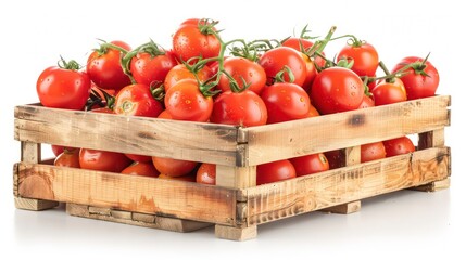 Wall Mural - Closeup tomatoes in a wooden crate box on isolated white background. Generative AI