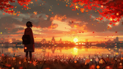 Wall Mural - Girl Watching Autumn Sunset by the River