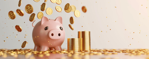 Pink piggy bank with gold coins falling and stacking for financial savings and investment concept in hyper realistic 3D render, with copy space