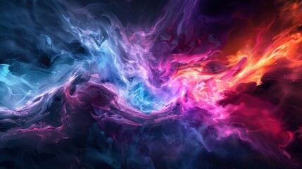 Wall Mural - Mesmerizing fractal fire with barbs and multicolored shapes, set in a cosmic space filled with swirling smoke and intense saturated colors, creating a captivating scene