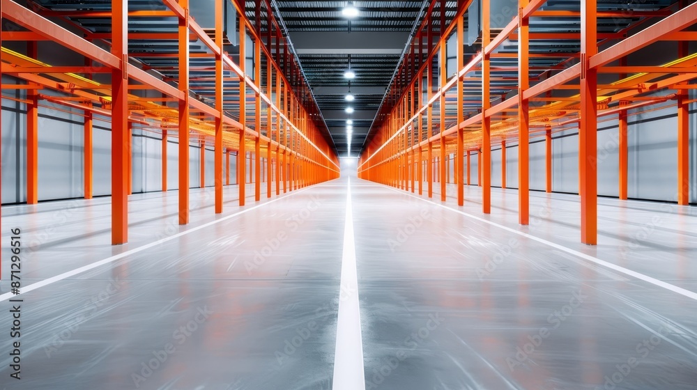 Warehouse Rack Lights Modern logistics hub, neon lights illuminating long aisle with orange ...