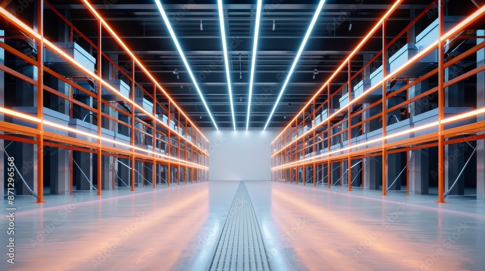 Warehouse Rack Lights Modern logistics hub, neon lights illuminating long aisle with orange ...