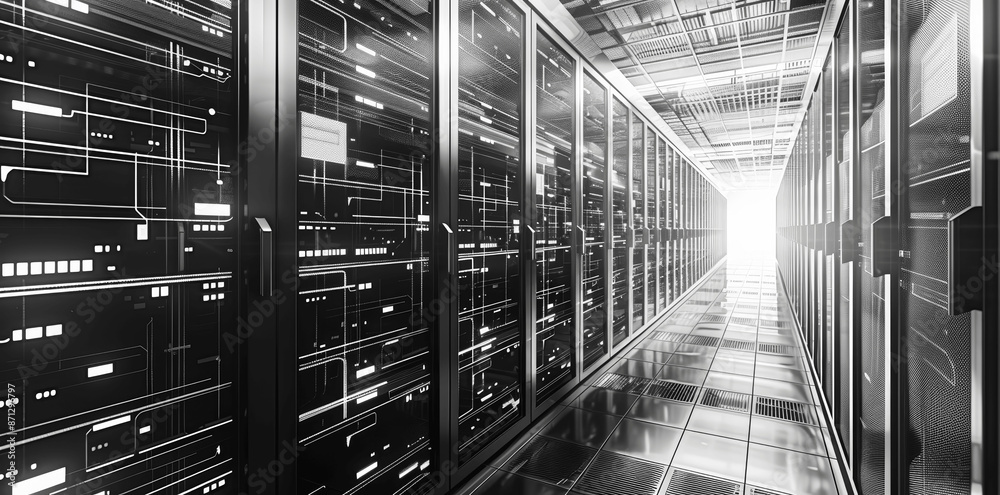 Data Centre Racks Drawing High-Resolution 3D Vector Rendering of Data Center with Server Racks ...