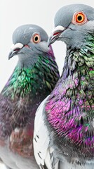 Wall Mural - Close-up of two pigeons with iridescent feathers on white background