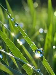 Wall Mural - macro photograph captures a dew on natural grass in the morning.