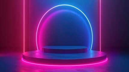 Sticker - Futuristic neon podium scene template for product presentation with abstract geometric backdrop, realistic modern pedestal mockup