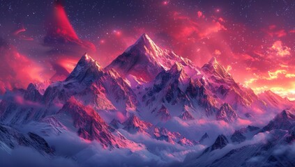 Canvas Print - Majestic Mountain Range Under a Starry Crimson Sky