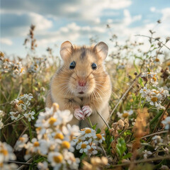 Hamster in Green Meadow with Blooming Flowers