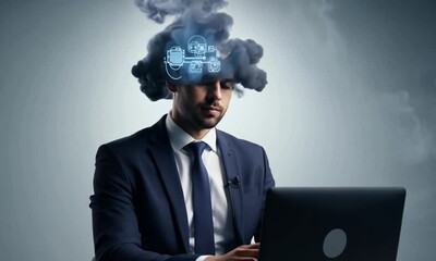 Wall Mural - Thoughts concept Male businessman wearing suit with tie Head full of smoke clouds using laptop no emotions mechanic mental intelligence Thinking brainstorming business concept design mp4 4k animation