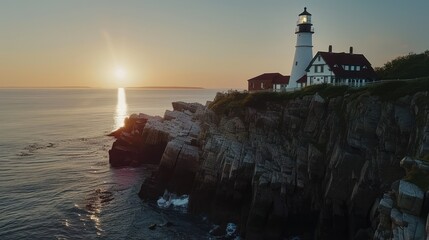 Sticker - Lighthouse on a Cliff at Sunrise