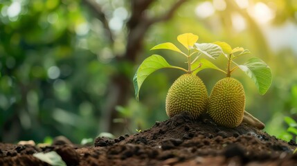 Sticker - Jackfruit seedlings are thriving in the rich soil against a lush green bokeh backdrop embodying the essence of natural and business growth afforestation and World Environment Day