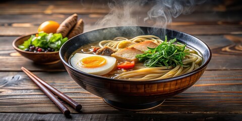 Sticker - Delicious and steaming bowl of traditional Japanese ramen with noodles, broth, chashu, egg, and vegetables, ramen