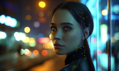 Poster - Close-up of a person's face with futuristic lights and elements, depicting AI impact.