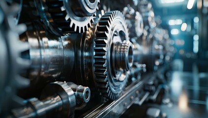 Close-up of metallic gears and machinery in motion.