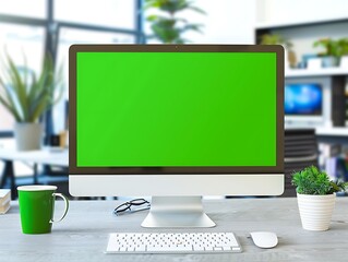 Poster - Computer Setup with Green Screen in a Modern Office