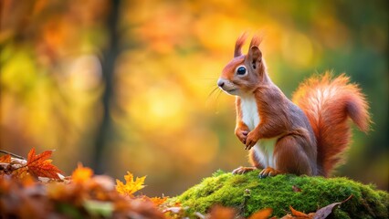 Poster - Beautiful red squirrel in the autumn forest, squirrel, red, autumn, forest, wildlife, cute, animal, nature, fall, foliage