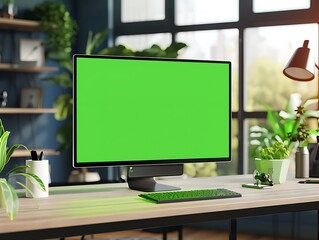 Poster - Green Screen Computer Monitor on Desk with Plants and Accessories