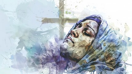 Sixth Sorrow. Mother Mary cradling Christ's body. Watercolor cross in the background. Digital illustration.