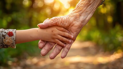 An elderly person holding the hand of a child. Generative AI