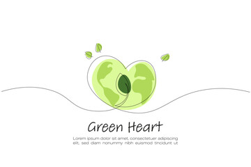 Aufkleber - Heart. Continuous line art drawing. Green earth on heart shape. Ecology and Environment concept. Line art vector illustration.