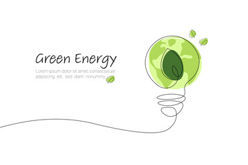 Poster - Light Bulb. Continuous line art drawing. Green leaf in the lightbulb with the earth. Ecology and Environment concept.  Line art vector illustration.