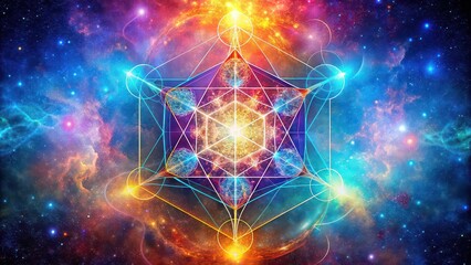 metatron cube sacred sign overlay in vibrant galaxy colors, metatron cube, sacred geometry, galaxy, 