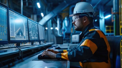 Wall Mural - Engineer at a computer station in a power plant. 