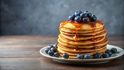 Wall Mural - Delicious dessert stack of pancakes with syrup, blueberries on top, pancakes, syrup, blueberries, breakfast, brunch