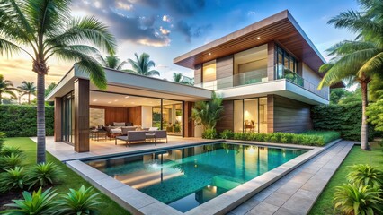 Wall Mural - Luxury modern villa featuring a private pool and lush tropical garden, luxury, modern, villa, pool, tropical, garden