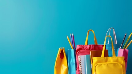 Wall Mural - Colorful Tote Bags and School Supplies on a Blue Background