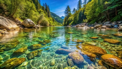 Sticker - Crystal clear water in a refreshing mountain stream, nature, water, clear, stream, flowing, pure, clean