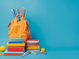 Wall Mural - Backpack with Books, Pencils and Lemons on a Blue Background