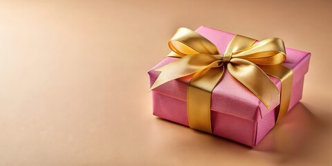 Canvas Print - Luxurious pink gift box with a gold ribbon, placed on a skin color background, luxury, holiday, gift, packaging, pink, box