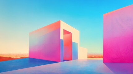 Architectural background image using synthwave color palette depicting modern Bauhaus forms, cast shadows and a desert aesthetic