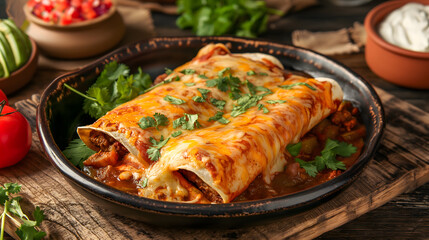 Wall Mural - Delicious Homemade Beef and Cheese Enchiladas in Baking Tray