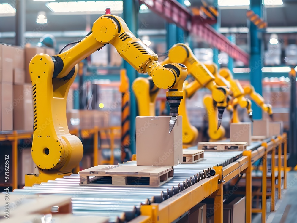 Automated warehouse with robotic arms sorting packages., clean ...