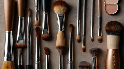 Wall Mural - Cosmetics make-up brushes collection, top view