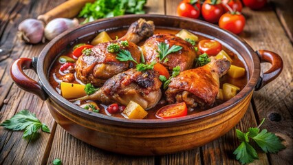 Juicy stewed chicken drumsticks and thighs surrounded by colorful vegetables in rich savory brown sauce in a rustic clay pot.